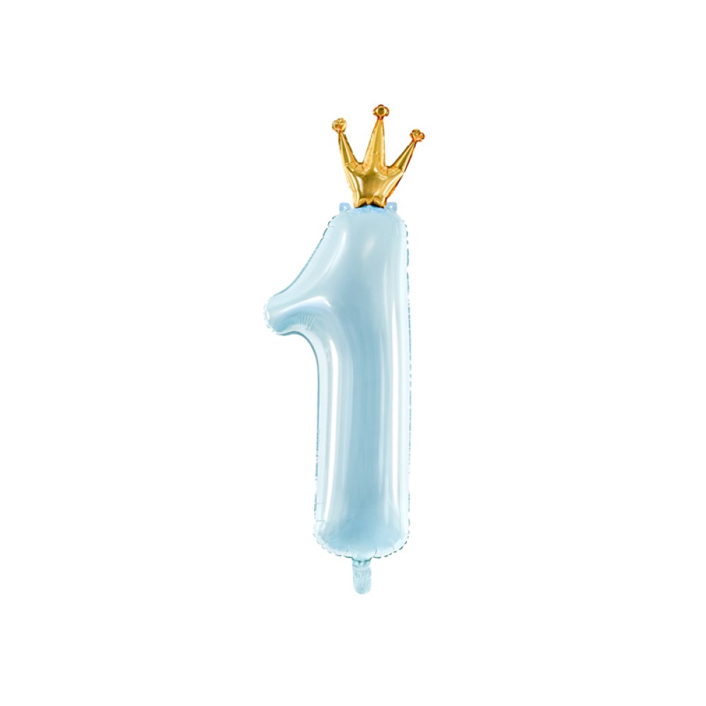Фольгированный шар "ЦИФРА 1" голубой, с короной