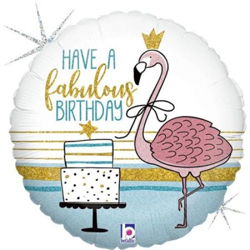 Flamingo with cake «Have a fabulous birthday» round, holographic