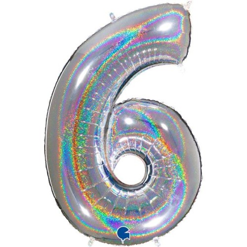Foil balloon "NUMBER 6" holo glitter silver