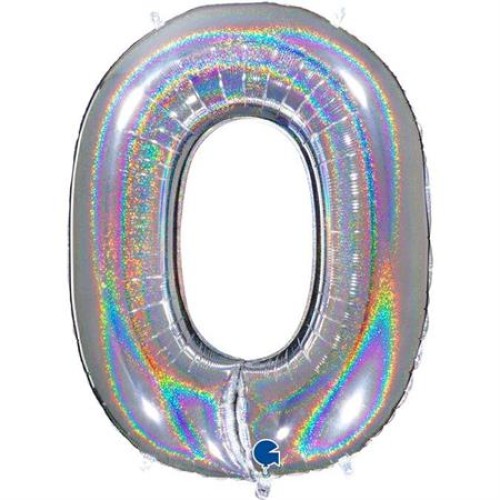 Foil balloon "NUMBER 0" holo glitter silver
