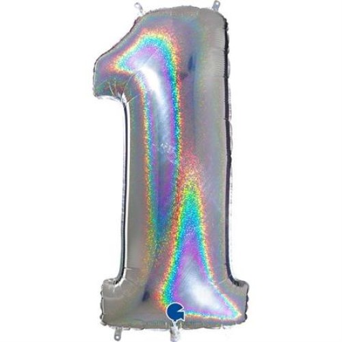 Foil balloon "NUMBER 1" holo glitter silver