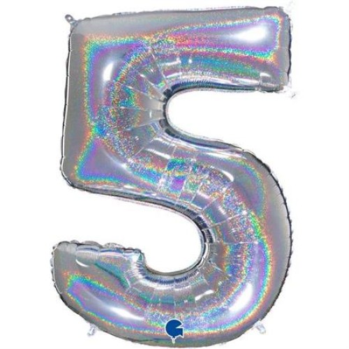 Foil balloon "NUMBER 5" holo glitter silver