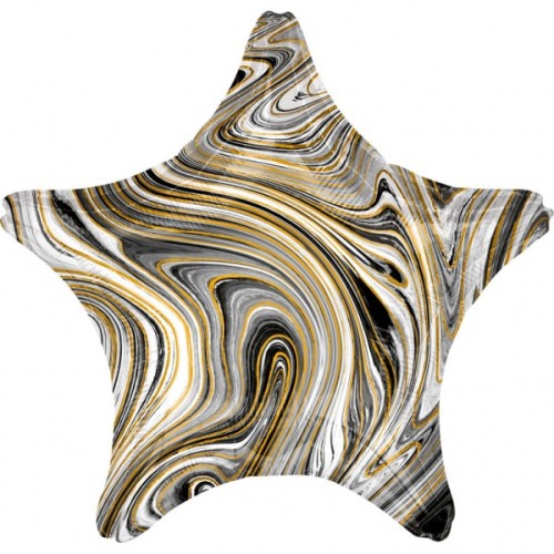 Фольгированный шар "ЗВЕЗДА" мрамор чёрно-бело-золотой